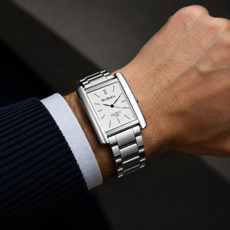Smartwatch Casual Watches For Men - นาฬิกาข้อมือผู้ชายสไตล์ธุรกิจ หน้าปัดทรงสี่เหลี่ยม สายสแตนเลส ระบบควอตซ์แบบอนาล็อก ดีไซน์เรียบง่ายสำหรับผู้ชาย