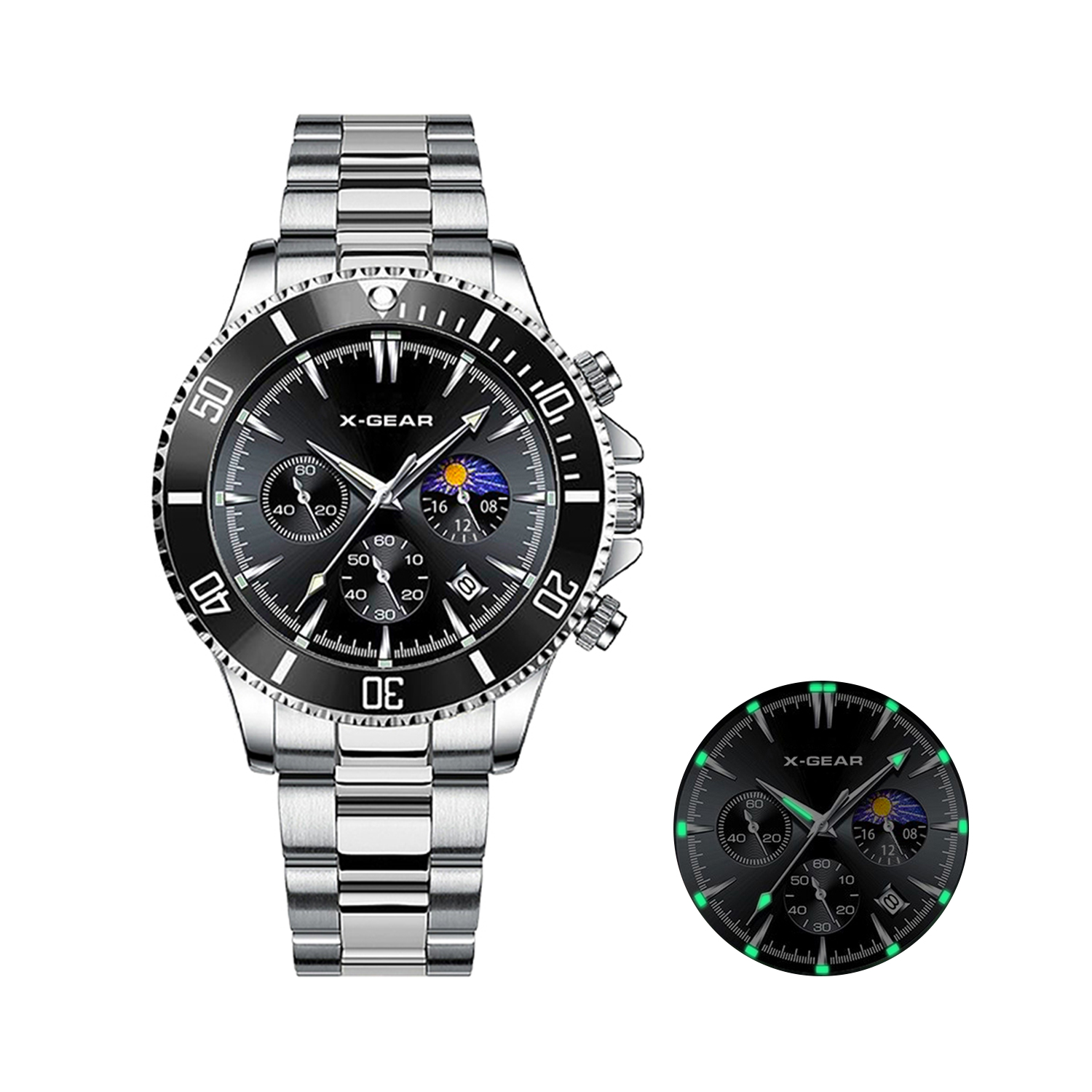 Smartwatch Casual Watches For Men - นาฬิกาควอตซ์แฟชั่น X-GEAR สำหรับผู้ชาย หน้าปัดสีดำ สายสแตนเลสสตีล หรูหรา